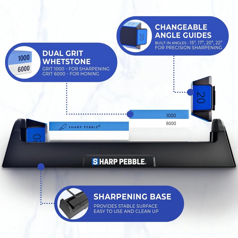 Sharp Pebble Knife Sharpening Stone Kit-Grit 1000/6000 Wet Stone-Built In Angle Guides 15/17/20/22 Degrees- Professional Whetstone Knife Sharpener Stone Set with Plastic Base - Image 3